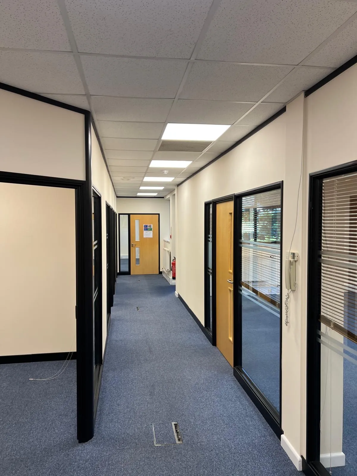 Office corridor with freshly painted walls and glazed partitions